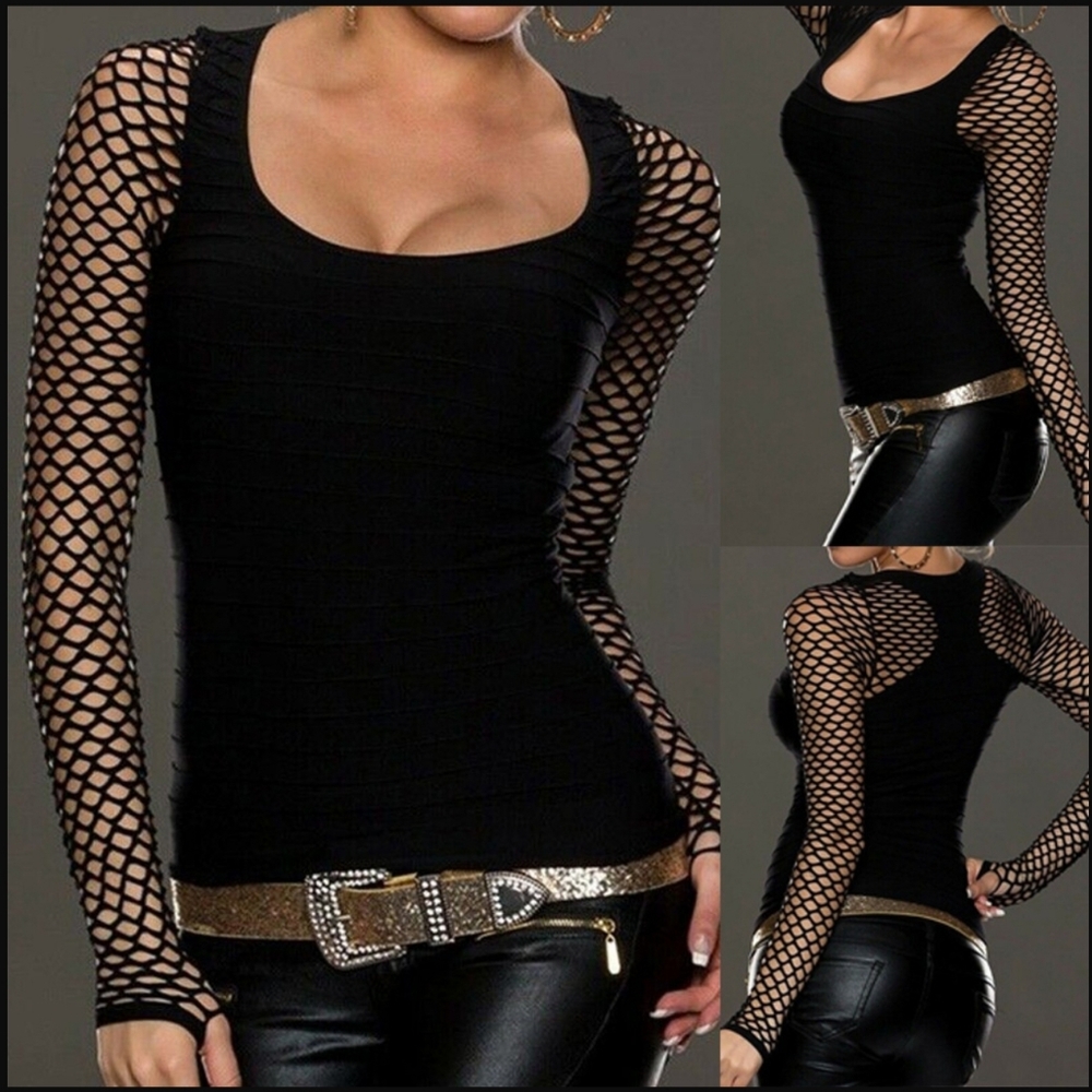 Women Slim Low Cut Long Sleeve Blouse Net Tops Punk Rock Gothic Fishnet Shirt